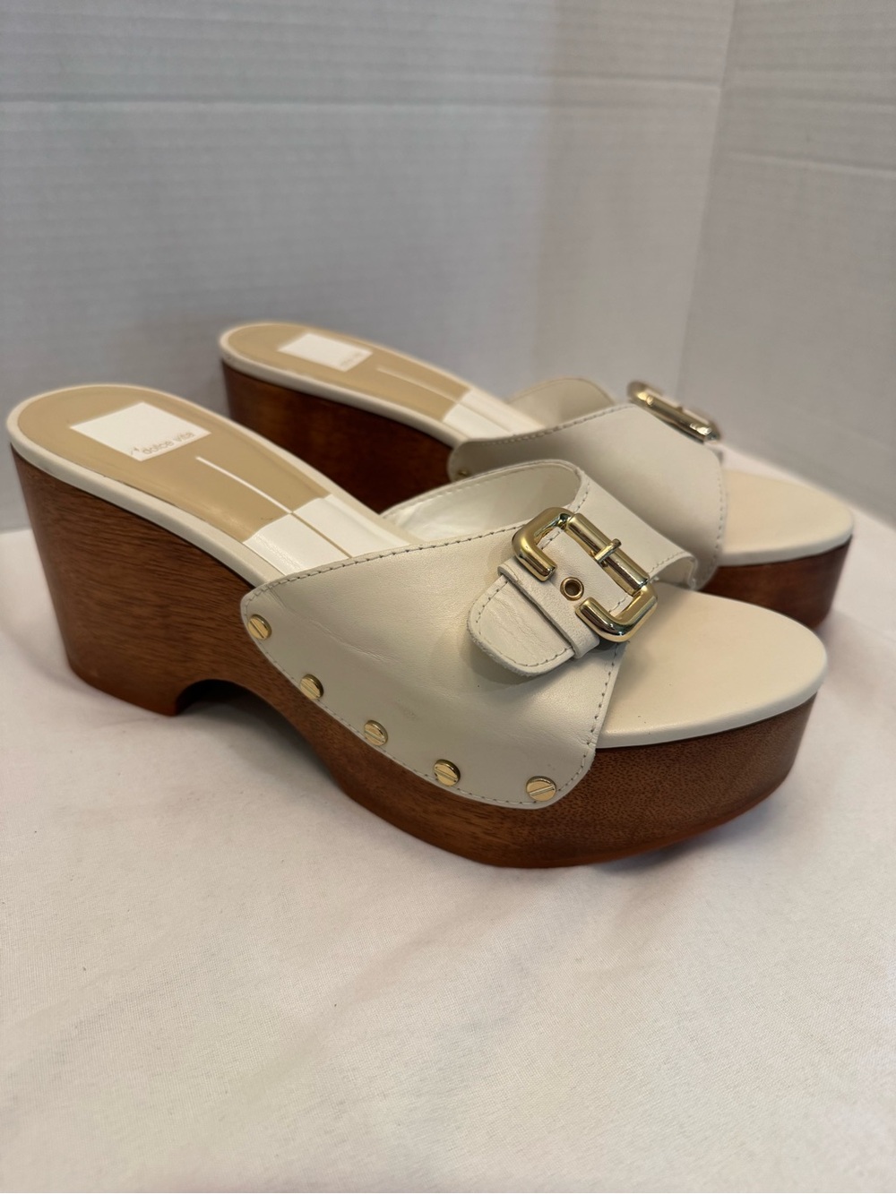 Dolce Vita Womens Leather Slide Sandals Buckle Studded Wedge White 8.5